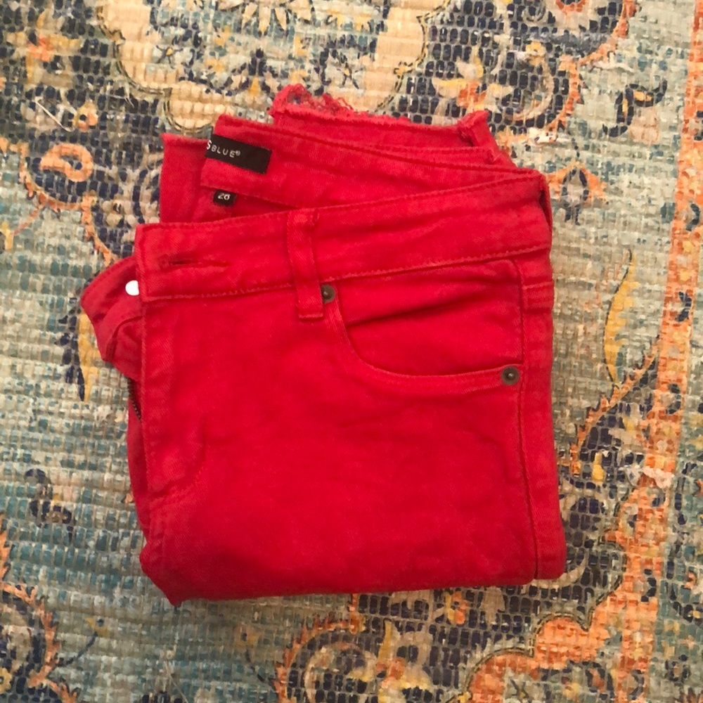 Bright red sts blue jeans